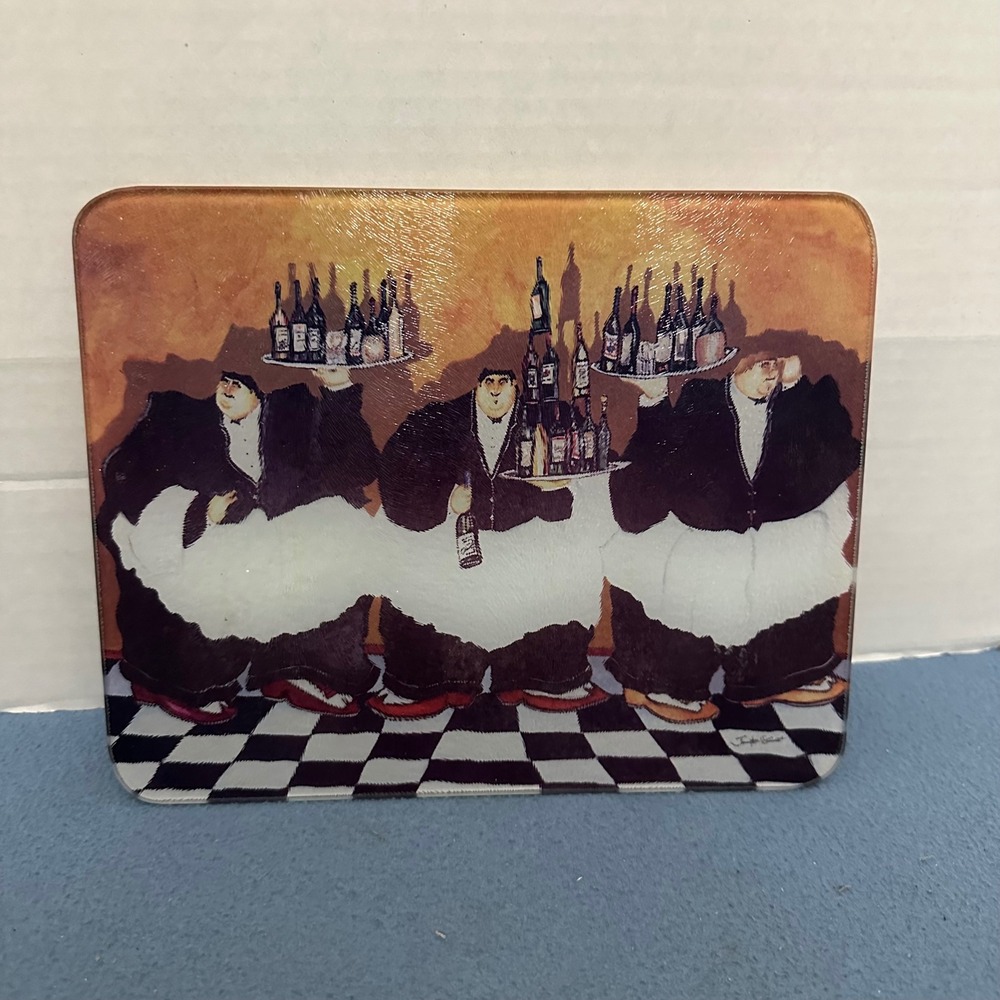 Jennifer Garant Fat Chef Glass Cutting Board Wine Waiters Bistro Decor 10x8